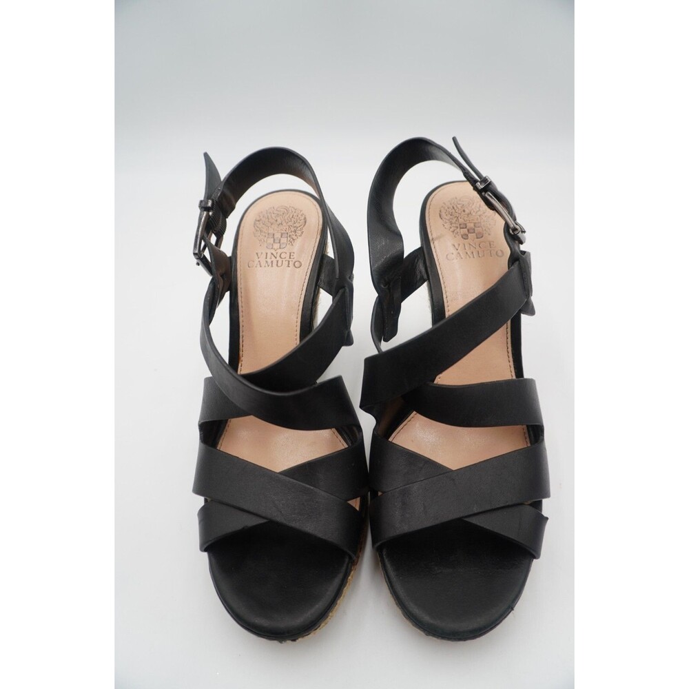 Vince Camuto Black Crisscross Straps Espadrille Trim Platform Wedge Sandals Sz 9